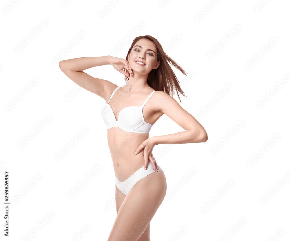 Beautiful young woman in underwear on white background Beautiful young woman in underwear on white background