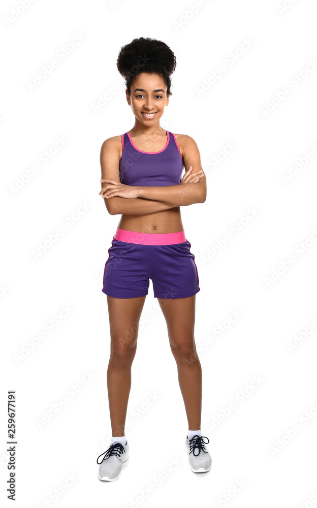 Sporty African-American woman on white background Sporty African-American woman on white background
