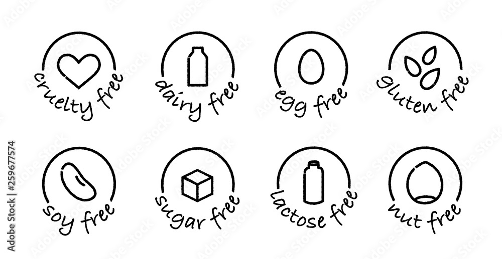 food allergens black and white icons set