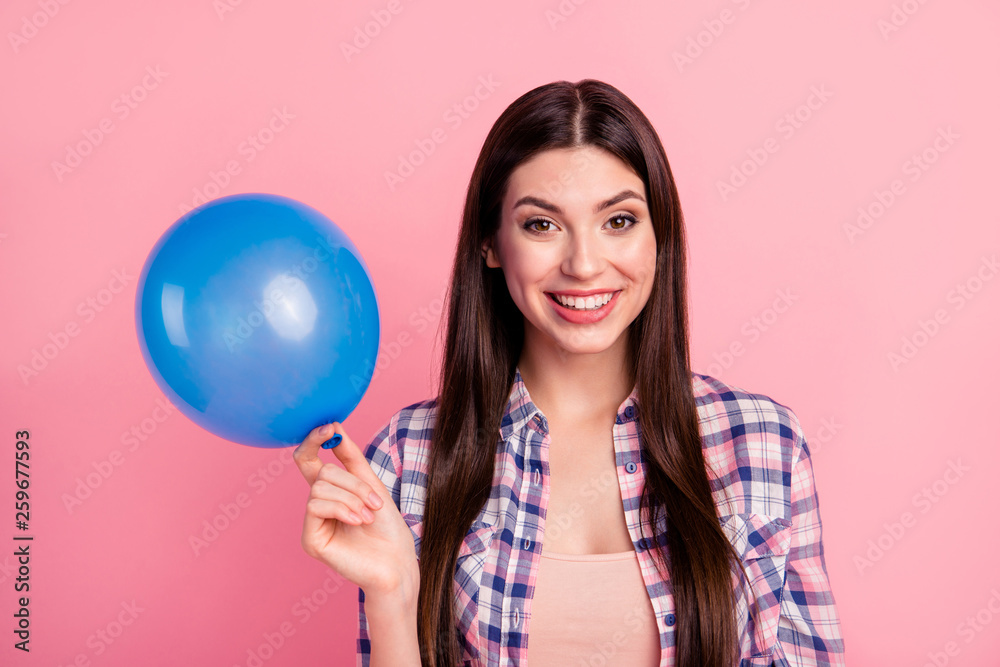 Close-up portrait of her she nice attractive cute charming shine lovely girlish cheerful straight-haired lady wearing checked shirt holding in hands air ball congrats isolated over pink background Close-up portrait of her she nice attractive cute charming shine lovely girlish cheerful straight-haired lady wearing checked shirt holding in hands air ball congrats isolated over pink background