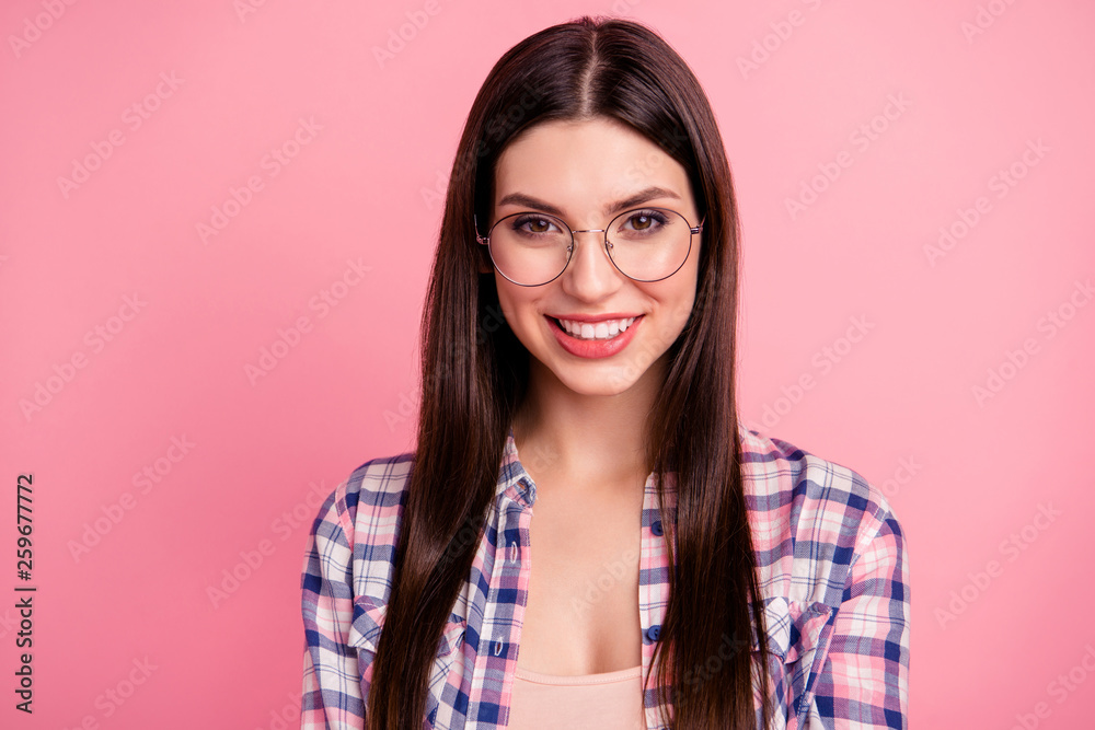 Fototapeta premium Close up photo funky beautiful her she lady look sincerely kindhearted show white teeth long brown hair lying shoulders wear specs casual checkered plaid shirt clothes outfit isolated pink background