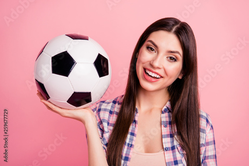 Close up photo funky beautiful her she lady model hand arm hold leather ball advising buy buyer new product league team wear casual checkered plaid shirt clothes outfit isolated pink background © deagreez
