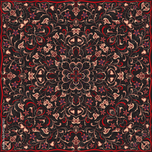 Ancient Arabic pattern. Red Persian carpet with rich ornament for fabric design, handmade, interior decoration, textile.