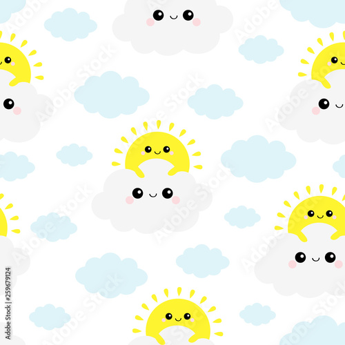Sun holding cloud in the sky. Seamless Pattern. Cute cartoon kawaii funny smiling baby character set. Nursery decoration. Wrapping paper, textile print template. White background. Flat design.