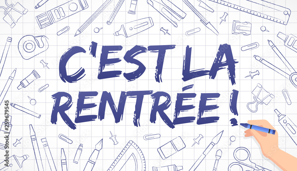 Rentrée scolaire - dessins de fournitures de bureau sur du papier quadrillé