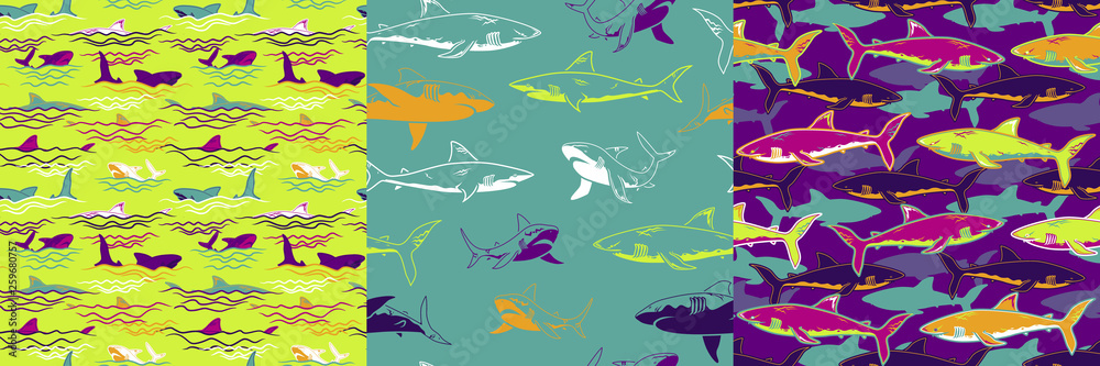 Set of Abstract seamless vector underwater pattern for girls, boys, clothes. Creative background with sharks. Funny wallpaper for textile and fabric. Fashion style. Colorful bright