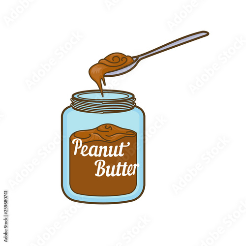 Spoon and Peanut butter jar vector icon. Cartoon illustration of peanut icon for web design. Nuts emblems and labels isoleted on white backgraund