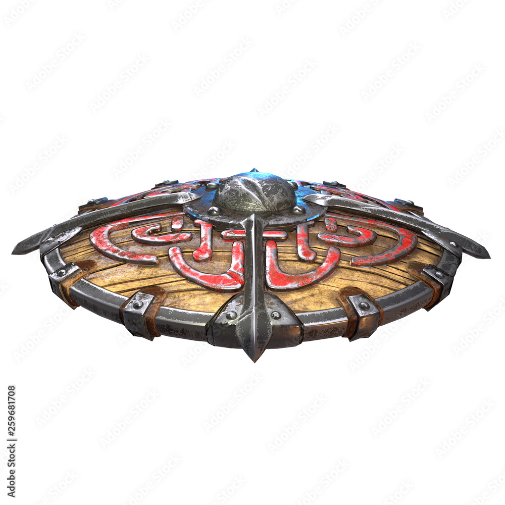 Obraz premium Fantasy round viking wooden shield on an isolated white background. 3d illustration