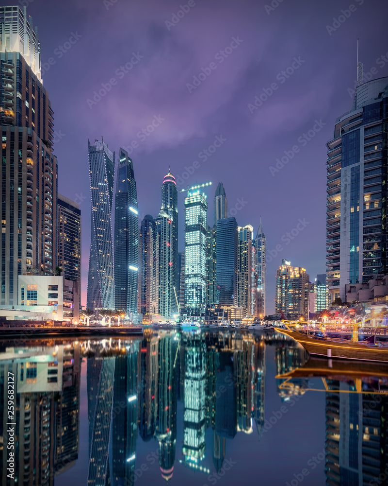 Skyline of Dubai Marina with modern diversity in architecture styles