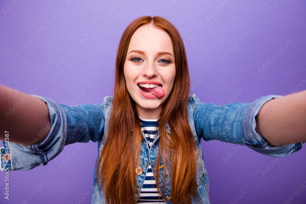 Self-portrait of her she nice attractive charming cute lovely cheerful cheery crazy emotional straight-haired lady youngster youth isolated over bright vivid shine violet background Self-portrait of her she nice attractive charming cute lovely cheerful cheery crazy emotional straight-haired lady youngster youth isolated over bright vivid shine violet background
