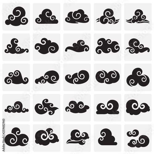 Asian clouds icons set on squares background for graphic and web design. Simple vector sign. Internet concept symbol for website button or mobile app.
