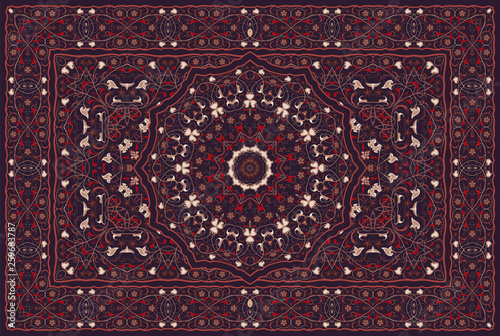 Vintage Arabic pattern. Persian colored carpet. Rich ornament for fabric design, handmade, interior decoration, textiles. Red background.