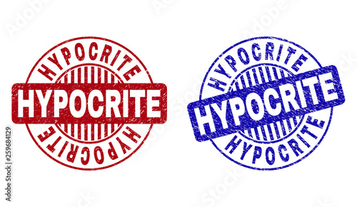 Grunge HYPOCRITE round stamp seals isolated on a white background. Round seals with grunge texture in red and blue colors. Vector rubber imprint of HYPOCRITE caption inside circle form with stripes.