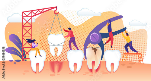 Tiny People Characters Treating Disease Teeth.