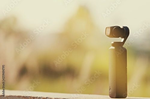 Nakhonratchasrima, Thailand - MARCH 11, 2019: DJI Osmo Pocket Camera close up. Osmo pocket is the smallest 3-axis stabilized handheld camera.