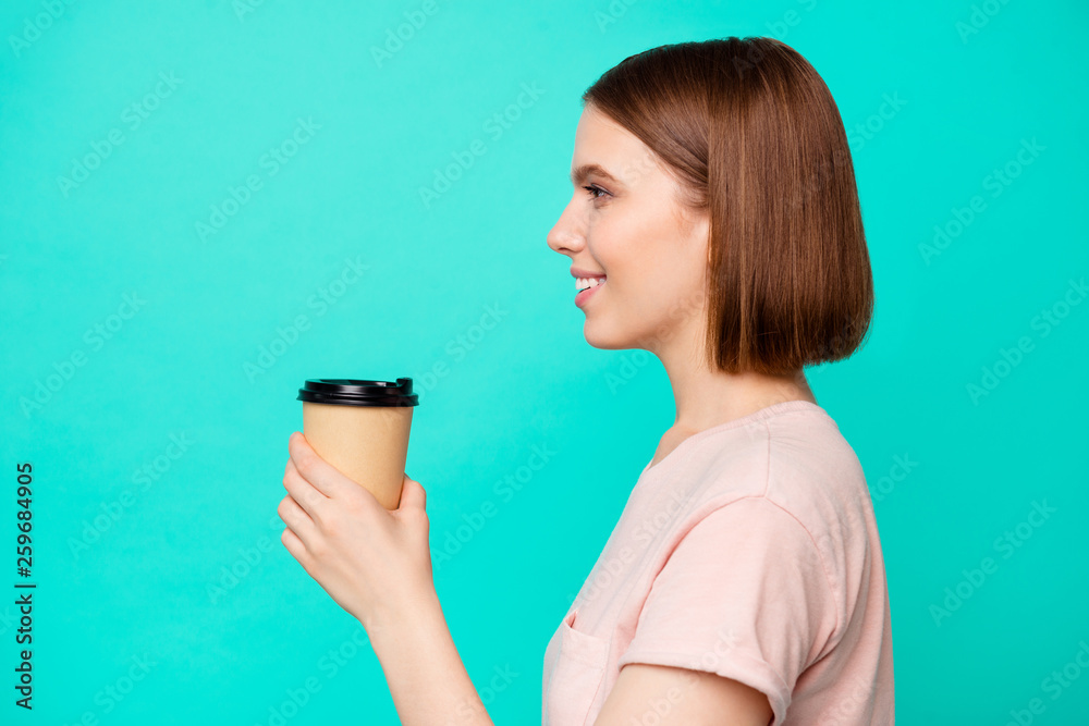 Close up side profile photo beautiful her she lady cute hold arm paper hot beverage best way wakeup awaking favorite americano latte boyfriend wear casual t-shirt isolated teal turquoise background Close up side profile photo beautiful her she lady cute hold arm paper hot beverage best way wakeup awaking favorite americano latte boyfriend wear casual t-shirt isolated teal turquoise background