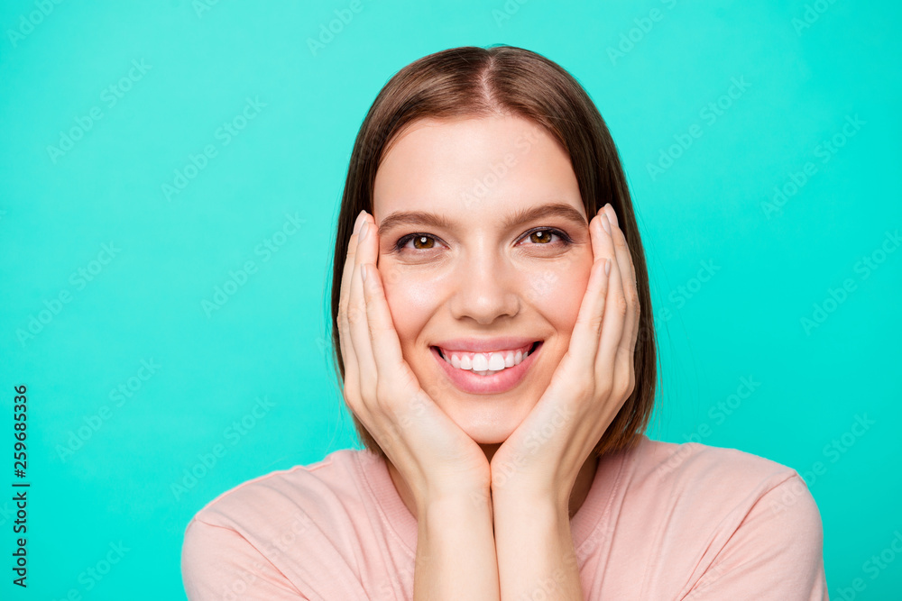 Close up photo of friendly pretty youngster youth touch cheeks face palms hands feel glad elegant cute have weekends holidays wear pink modern clothes isolated on turquoise Close up photo of friendly pretty youngster youth touch cheeks face palms hands feel glad elegant cute have weekends holidays wear pink modern clothes isolated on turquoise