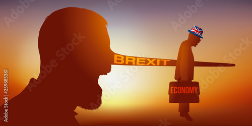 Concept du Brexit et de la Grande Bretagne sortant de l’union européenne avec un homme qui se tire une balle dans le pied dont la chaussure représente le drapeau britannique.