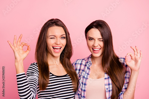 Close-up portrait of nice-looking attractive lovely sweet adorable fascinating winsome cheerful straight-haired girls wearing casual showing ok-sign isolated over pink pastel background