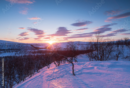Colorful sunset at the end of a winters day in Laponia. Lapland, Sweden.