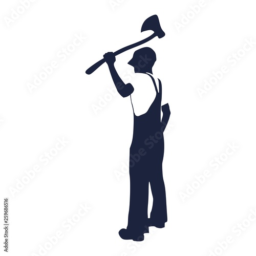 Lumberjack worker standing with axe. Lumberman silhouette