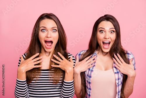 Close-up portrait of nice-looking attractive cute charming crazy cool cheerful cheery overjoyed straight-haired girls showing excitement having fun isolated over pink pastel background