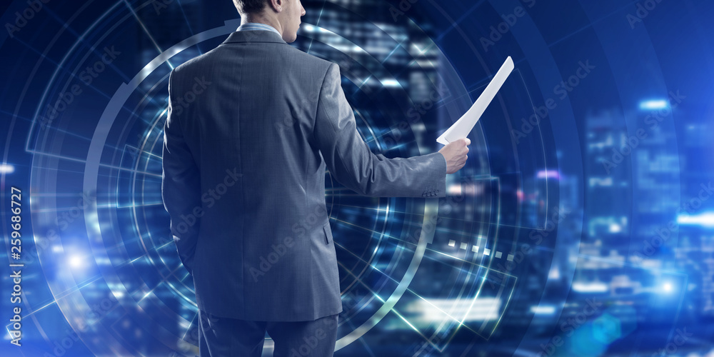 Digital background with infographs and man extending papers or contract Digital background with infographs and man extending papers or contract