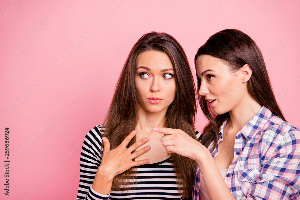 Close-up portrait of nice-looking attractive lovely cute charming feminine girlish minded focused straight-haired girls gossiping mocking isolated over pink pastel background Close-up portrait of nice-looking attractive lovely cute charming feminine girlish minded focused straight-haired girls gossiping mocking isolated over pink pastel background