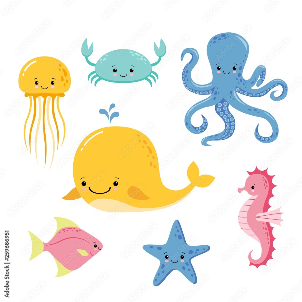Obraz premium Cute baby sea fishes. Vector cartoon underwater animals collection. Jellyfish and starfish, ocean and sea life illustration