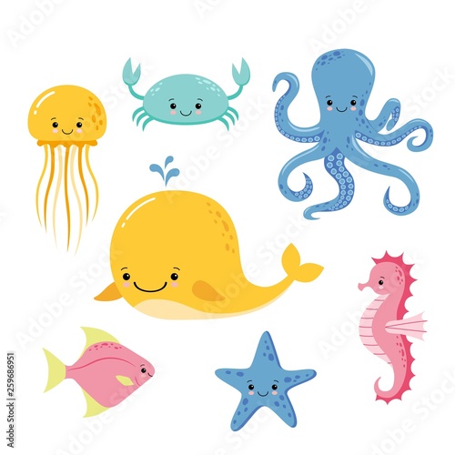Cute baby sea fishes. Vector cartoon underwater animals collection. Jellyfish and starfish, ocean and sea life illustration