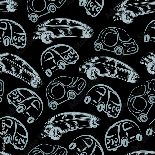 Black and white kids seamless pattern with hand drawn brush linear cars. Monochrome endless baby texture with self driving cars for pajamas, fabric, wrapping paper. Vector illustration