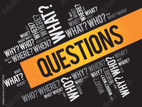 Questions whose answers are considered basic in information gathering or problem solving, word cloud background