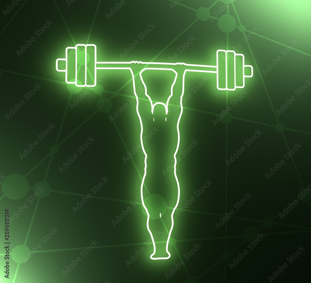 Bodybuilder and barbell outline silhouettes. Icon of the posing athlete. 3D rendering. Neon bulb illumination Bodybuilder and barbell outline silhouettes. Icon of the posing athlete. 3D rendering. Neon bulb illumination