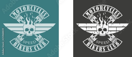 Color illustration of a skull in fire with wings and text. Biker club logo