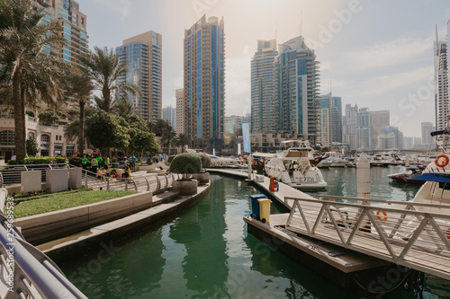 January 02, 2019 . Panoramic view with modern skyscrapers and water pier of Dubai Marina , United Arab Emirates