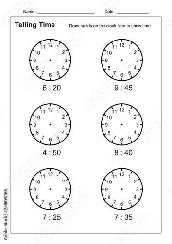 Telling Time Telling the Time Practice for Children  Time Worksheets for Learning to Tell Time vector