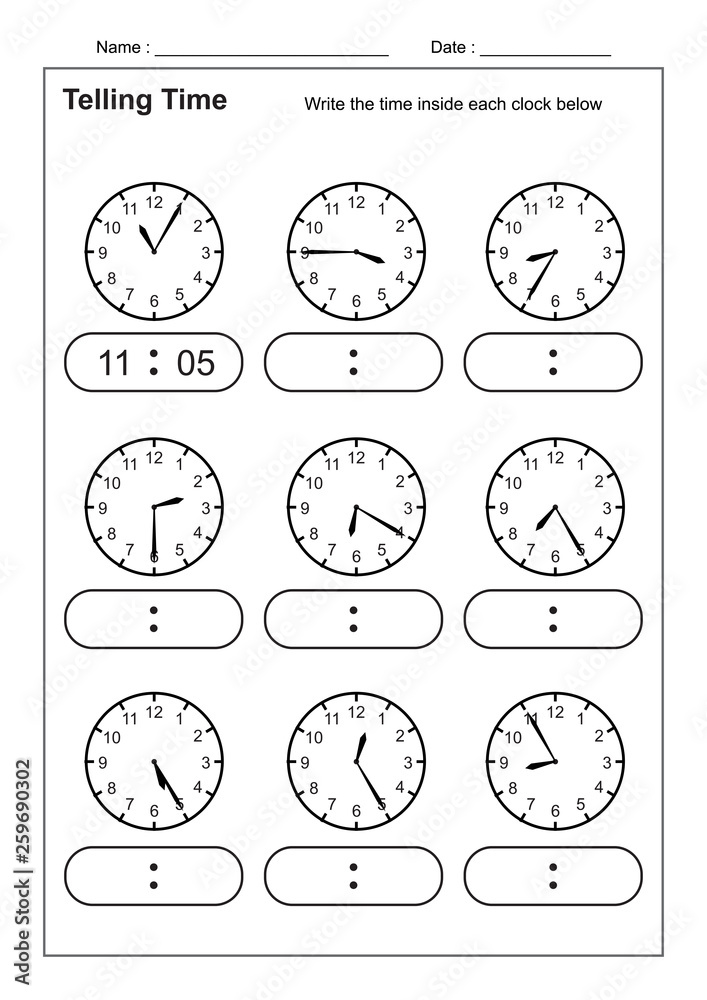 Telling Time Telling the Time Practice for Children Time Worksheets for Learning to Tell Time vector Telling Time Telling the Time Practice for Children Time Worksheets for Learning to Tell Time vector