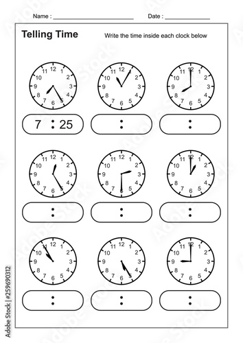 Telling Time Telling the Time Practice for Children  Time Worksheets for Learning to Tell Time vector