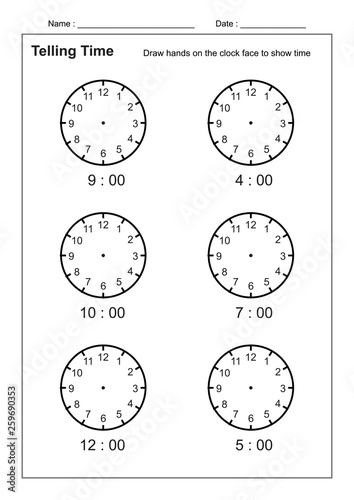 Telling Time Telling the Time Practice for Children  Time Worksheets for Learning to Tell Time vector