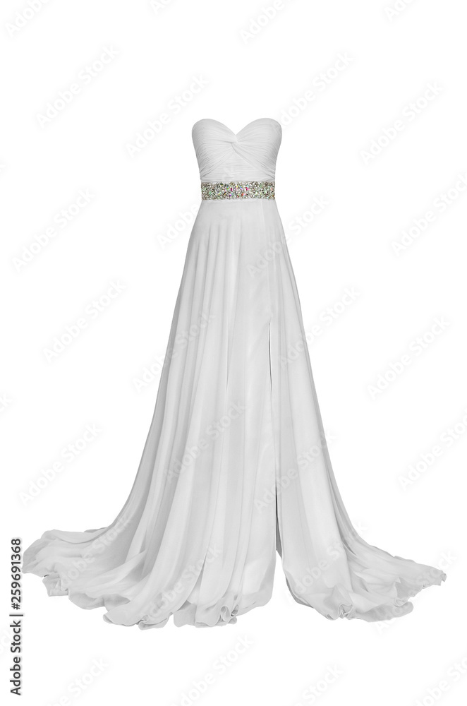 Luxury evening white dress with crystals, sequins and payets isolated on white background