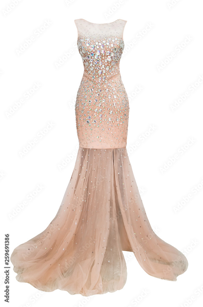 Luxury evening pink dress of chiffon transparent fabric with crystals, sequins and payets isolated on white background