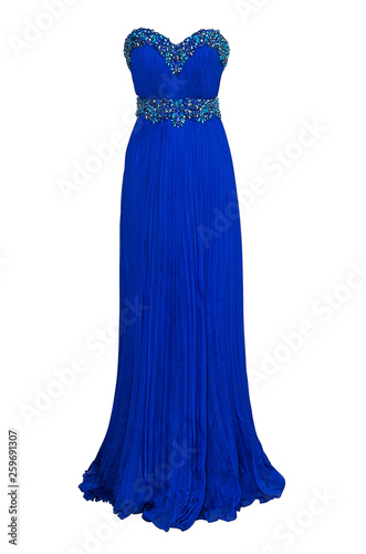 Foto Luxury evening blue dress with crystals, sequins and payets isolated on white ba
