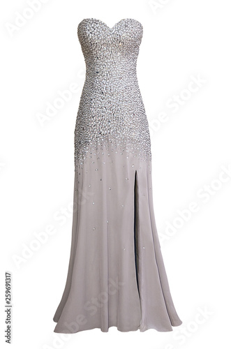 Obraz na plátně Luxury evening gray dress with crystals, sequins and payets isolated on white ba