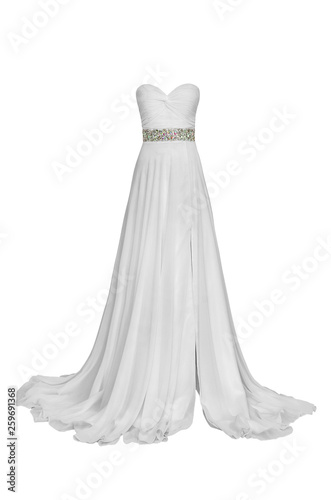 Luxury evening white dress with crystals, sequins and payets isolated on white background