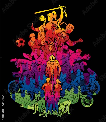 Sport Players, Different sports , Sport mix action cartoon graphic vector.