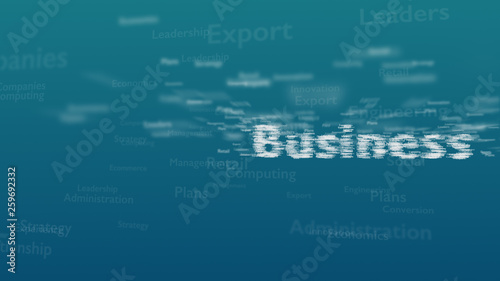 Light blue background with different words, which deal with business. Close up. Copy space. Blurred incription. 3D.