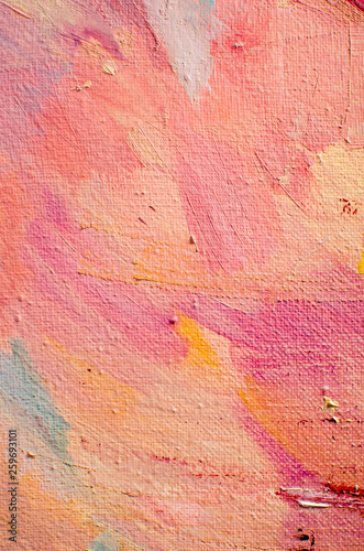 Abstract colorful oil painting on canvas. Oil paint texture with brush and palette knife strokes. Multi colored wallpaper. Macro close up acrylic background. Modern art concept. Horizontal fragment.