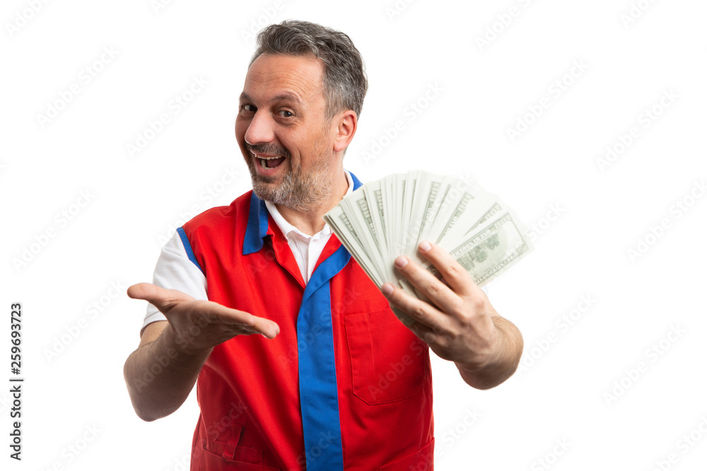 Supermarket employee presenting bills in hand. Supermarket employee presenting bills in hand.