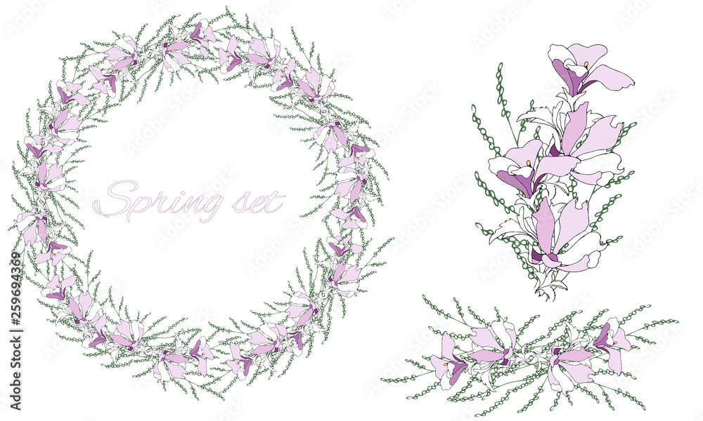 A set of floral patterns, delicate ornament and vector wreath of delicate pink flowers for decorating greeting cards, design greetings