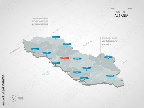 Isometric 3D Albania map. Stylized vector map illustration with cities, borders, capital, administrative divisions and pointer marks; gradient background with grid. 